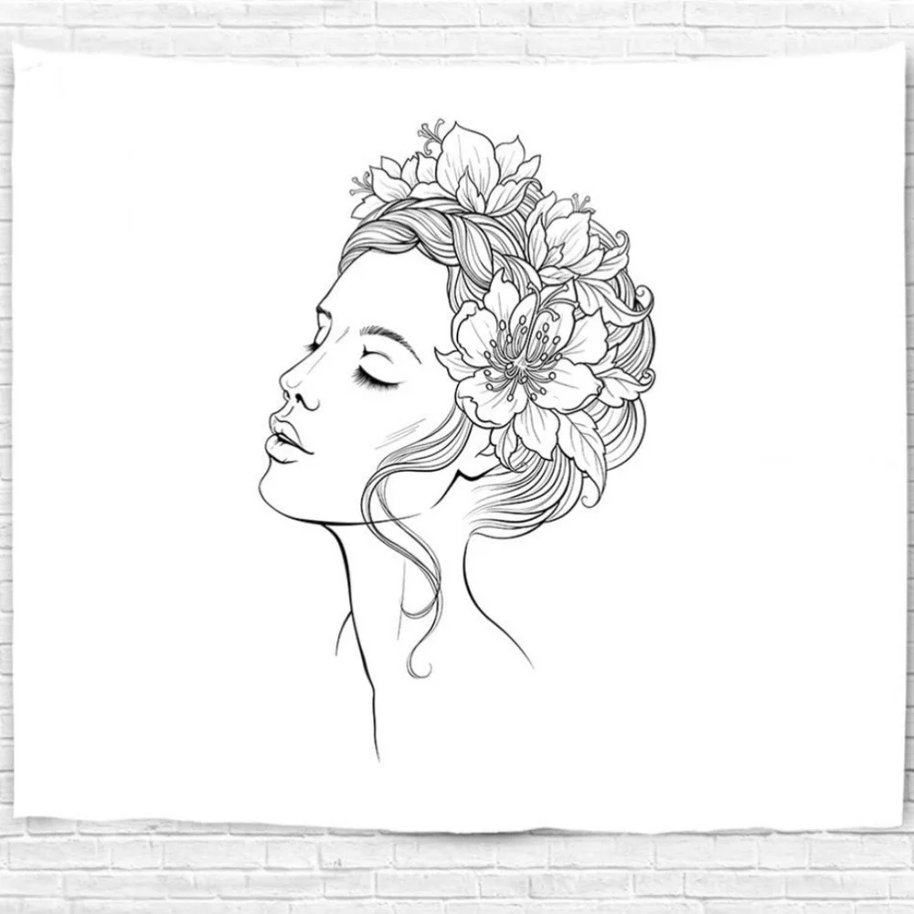 NWT Black & White Floral Woman Line Art Tapestry